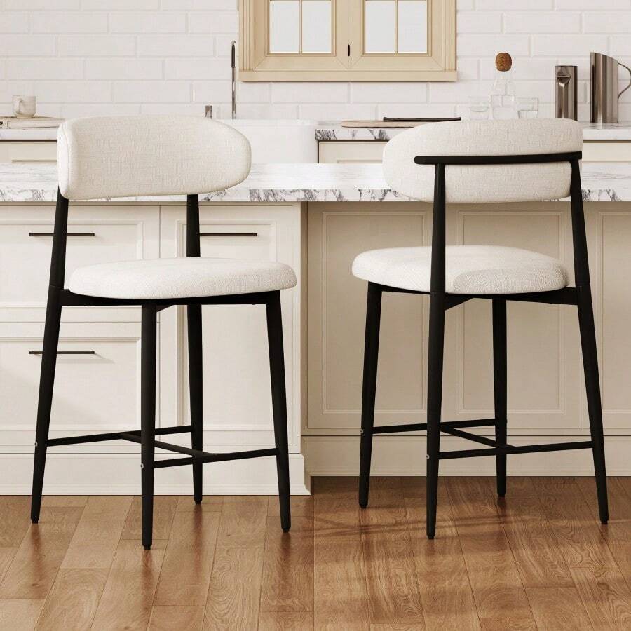 Beige 2 Pack Upholstered Counter Height Bar Stools, Modern Metal Leg Bar Chairs Suitable For Kitchen Island And Dining Room - 2pcs Beige Seat+ Black Metal Leg - View 1