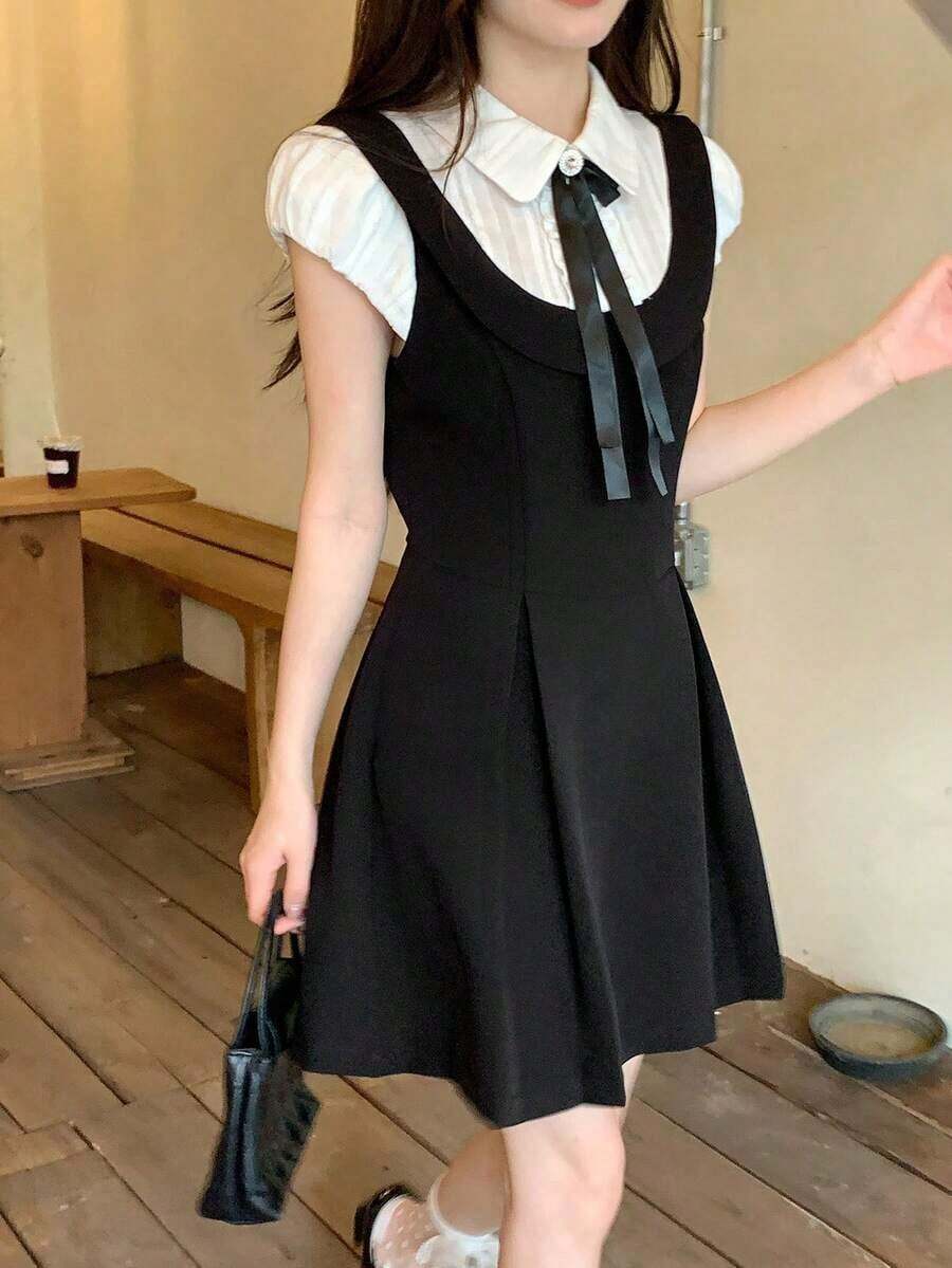 Vestido corto de manga corta con cuello y contraste de color, estilo coreano para mujer - Blanco y Negro - Ver 1