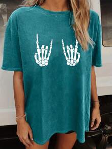 Camiseta de cuello redondo con estampado de calaveras, camiseta de verano de moda, holgada y de manga corta, ropa de mujer. - Burdeos - Ver 9