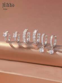 Hihho 3 Pairs Luxury European And American Zirconia Earring Set, Including Water Drop, Flower, Heart And Other Styles, Layered Wear, Elegant And Charming Jewelry Earrings Suitable For Daily And Festival Decoration, Gift - Silver - View 13
