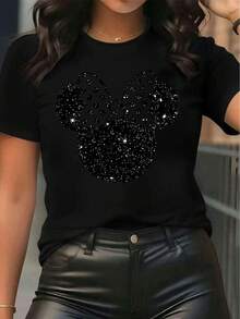Disney-Licensed Women's Product Featuring A Printed Design With Star Polka Dots And A Mickey Mouse Head With A Bow Tie. This Short-Sleeved, Round-Neck T-Shirt Is Casual, Comfortable, Stylish, And Versatile, Suitable For Spring And Summer. - màu đen - Xem 1