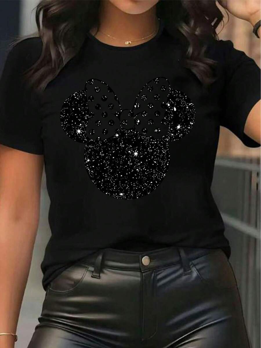Disney-Licensed Women's Product Featuring A Printed Design With Star Polka Dots And A Mickey Mouse Head With A Bow Tie. This Short-Sleeved, Round-Neck T-Shirt Is Casual, Comfortable, Stylish, And Versatile, Suitable For Spring And Summer. - màu đen - Xem 1