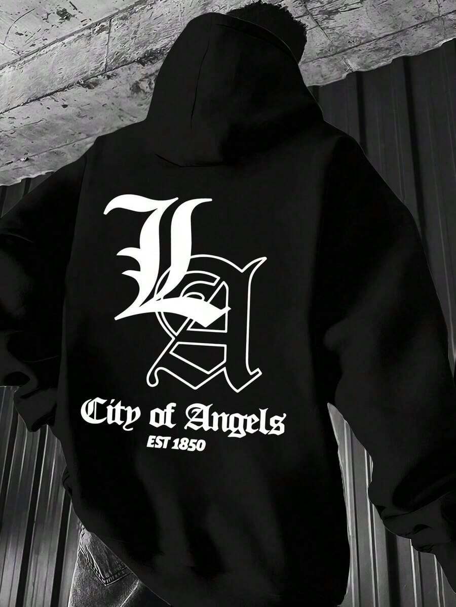 Men's Los Angeles Casual Print Hoodie, Regular Fit, Hooded Neck Style, Long Sleeve Sweatshirt XYVA - 黑色 - 查看 1