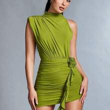 Vestido minifalda de unicolor, con cuello, decoración de flores 3D y plisado, de moda - Verde - Ver 3
