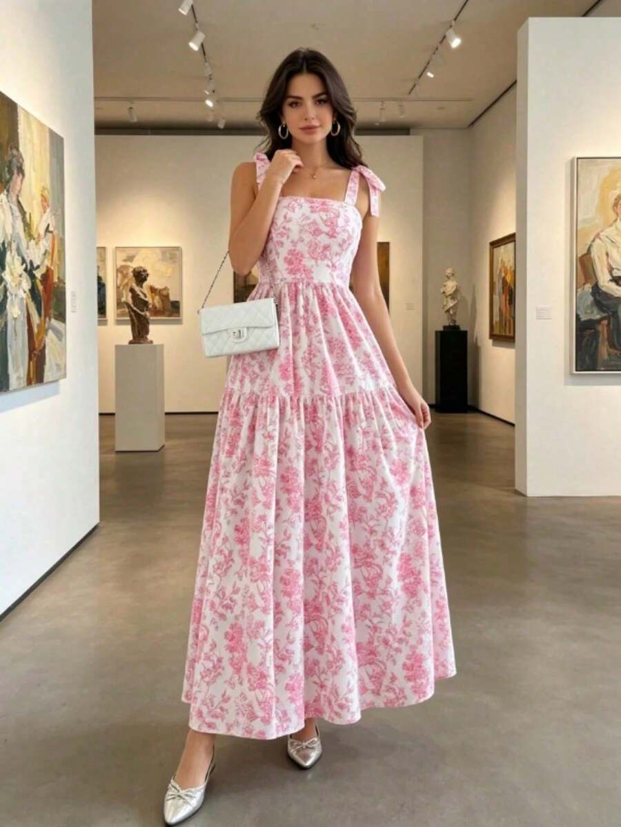 Summer Floral Print Elegant Women's Maxi Dress, Square Neckline With Bow Straps, Sleeveless Layered Flowy Casual Beach Dress - Hồng - Xem 1