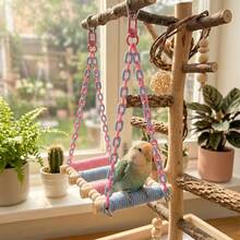 1 pieza Juguete de columpio de cuerda de algodón colorido para loros, accesorio multifuncional para jaula con percha y juguete interactivo, accesorio decorativo para jaula de pájaros para aliviar el aburrimiento de las aves, masticar y moler los dientes, adecuado para periquitos, loros pequeños y loros - Ver 3
