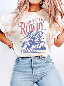 Camiseta vaquera del 4 de julio, camiseta roja, blanca y rebelde, camiseta de mujer del 4 de julio, camiseta vaquera, camiseta patriótica, camisetas gráficas de mujer 100% algodón. - Blanco - Ver 2
