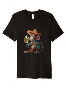 Mexican Monkey Print T-Shirt, 1 Unit, 220 Grams, Party Style, 100% Cotton T-Shirt With Digital Print, Modern Casual Men's Shirt - 白色 - 查看 1