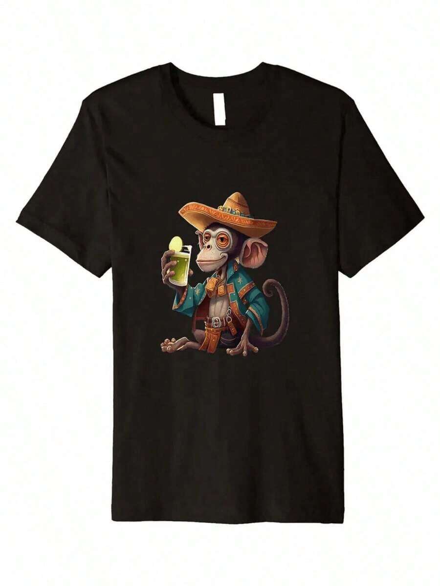 Mexican Monkey Print T-Shirt, 1 Unit, 220 Grams, Party Style, 100% Cotton T-Shirt With Digital Print, Modern Casual Men's Shirt - 白色 - 查看 1
