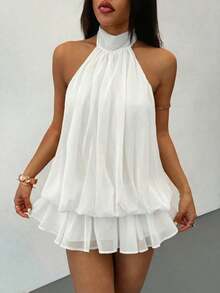 PETITE Vestido mini elegante de mujer de color amarillo claro con cuello halter y lazo, adecuado para fiestas, citas, otoño/invierno, primavera/verano - Blanco - Ver 5
