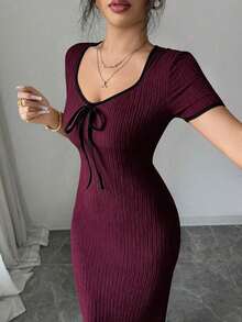 Vestido largo ajustado de manga corta con diseño de lazo en la cintura y cuello de corazón elegante y romántico en color albaricoque, para primavera/verano - Burdeos - Ver 7