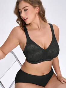 Plus Size Shaping Bra, Wireless Wide Strap Jacquard Full Coverage Unpadded - Black - View 4