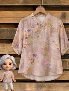 Regalo para mamá Blusa de estilo chino con flores de verano, elegante blusa bordada de manga corta para vacaciones, uso diario y reuniones familiares - Morado - Ver 3