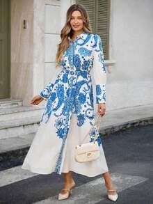 Vestido largo bohemio de mujer para primavera con estampado floral azul y blanco, cuello alto, cintura recogida y mangas farol - Azul y blanco - Ver 4