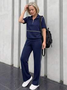 Conjunto de top de manga corta y pantalones con ribete de contraste para mujeres de edad media y mayores - Azul - Ver 6