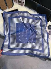 1pc Versatile Houndstooth Pattern Printed Faux Silk 27.5" Square Scarf, Women's Bandana, Essential For Spring/Summer, Can Be Used As Hair Tie, Waist Belt, Neckerchief, Hair Accessory - Navy Blue - View 2