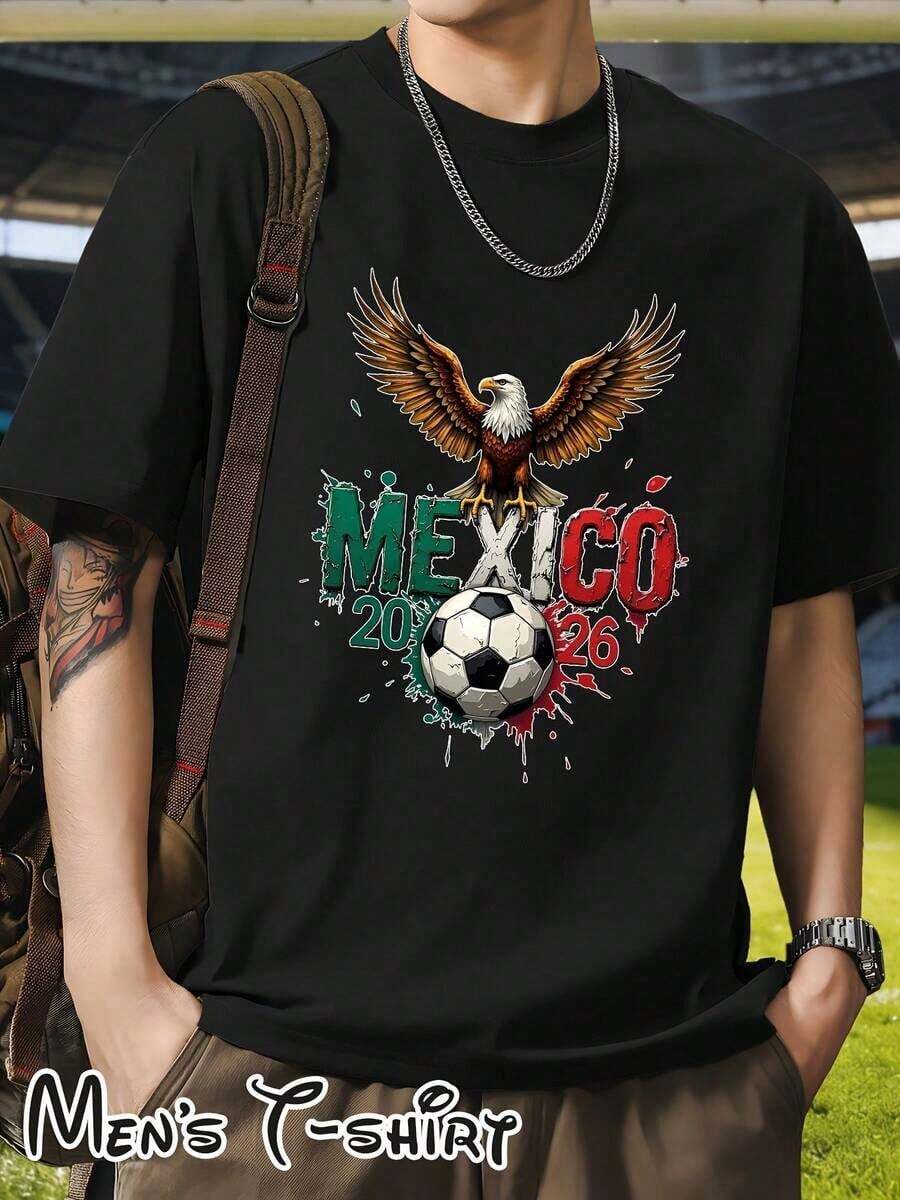 Plus Size, Short Sleeve, [Popular Licensed Style] Short Sleeve T-Shirt With 2026 Mexico World Cup And Eagle Print "Warrior Style", Latin American Style, Urban Fashion, Fan Support, Retro Wild Eagle Style, Suitable For Daily Wear, Parties, Dinners, Travel And Bar Outings, A Gift For Mexican Fans, 100% Cotton - 黑色 - 查看 1