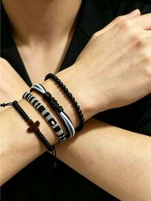 4 piezas Pulsera trenzada negra para hombres, pulseras apilables ajustables con cuentas en forma de cruz, adecuadas para uso diario - Conjunto de pulsera de cuentas - Ver 5