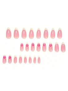 24pcs Almond-Shaped Nail Stickers, Yellow French Style Nails, Floral Line Pattern, High Gloss Full Coverage, Suitable For Women And Girls, Y2K Style False Nails. Random Delivery Of Jelly Gel. - Multicolor - View 2