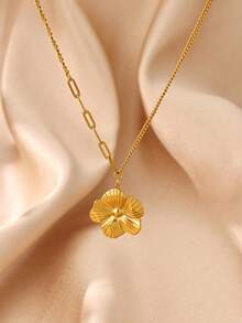 1 pièce Collier pendentif fleur mode pour femmes, collier fleur géométrique en acier inoxydable plaqué or, bijou pour fête et mariage - Multicolore - Voir 1