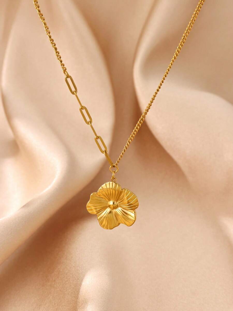 1 pièce Collier pendentif fleur mode pour femmes, collier fleur géométrique en acier inoxydable plaqué or, bijou pour fête et mariage - Multicolore - Voir 1