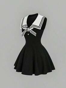 Vestido ajustado de estilo marinero vintage para mujer, elegante y versátil para la escuela, vacaciones, uso casual, azul, primavera/verano - Negro - Ver 3