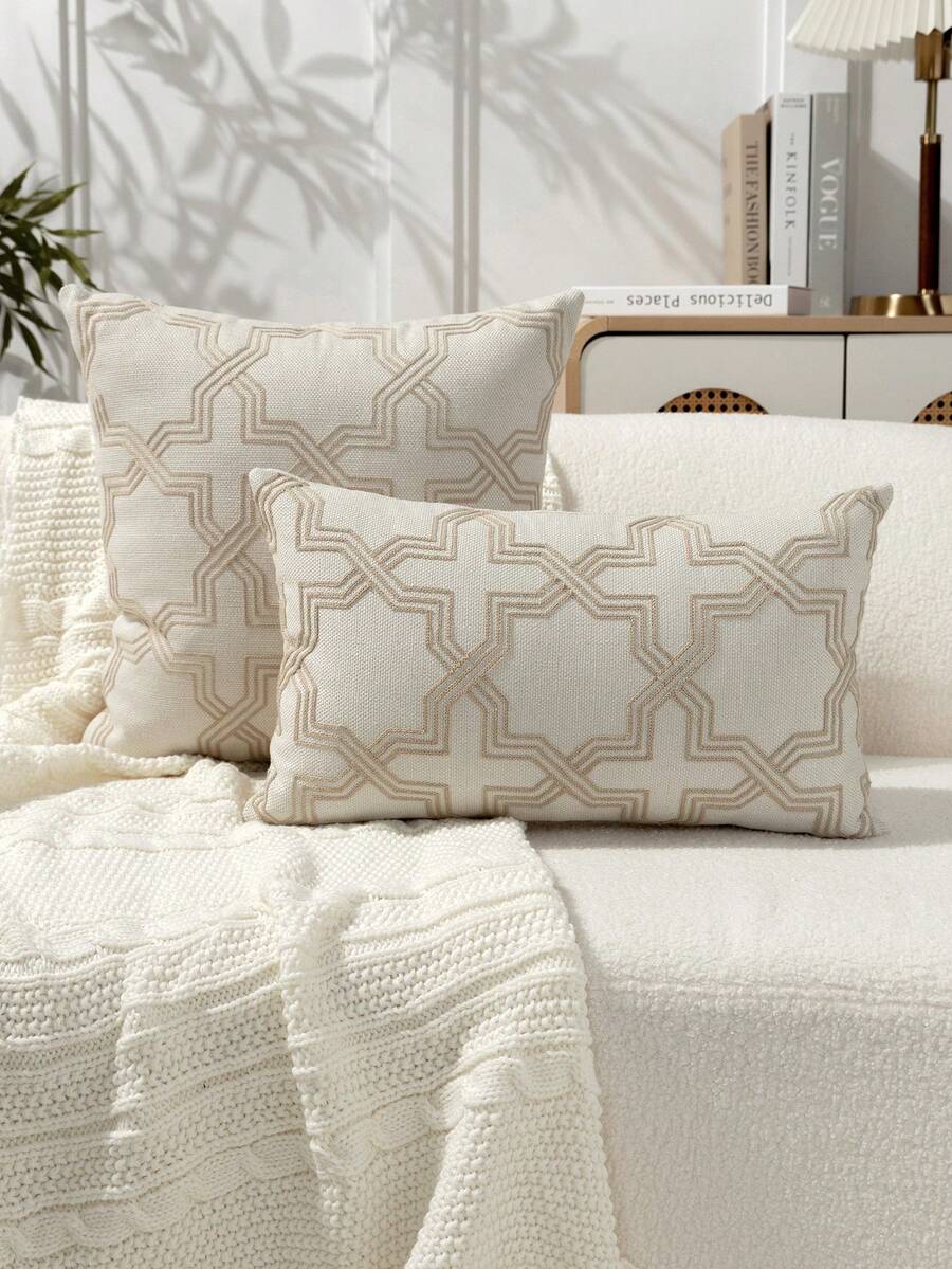1pc Beige Geometric Pattern Embroidered Throw Pillow Cover, Modern Minimalist Geometric Line Embroidered Decorative Pillow Sham, Suitable For Indoor Decor, All Season Pillow Case, Pillow Insert Not Included