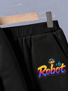 Young Boys Cartoon Print Hoodie And Sweatpants Warm Outfit - Black - View 5