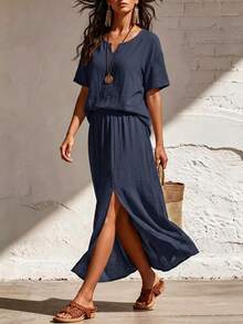 Elegant Minimalist Dark Linen Vacation Set, Navy Blue Notched Collar Loose Top And Front Slit Long Skirt Vacation Outfit - Navy Blue - View 7