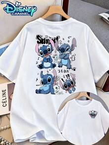 Disney Star Baby Stitch T-Shirt, Disney Stitch Multi-Emotion Print T-Shirt, Stitch Print Pattern Double-Sided Print Design T-Shirt, Men's Summer Short-Sleeve Top, High-Quality 100% Cotton Short-Sleeve T-Shirt, Summer Relaxed Breathable Casual Short-Sleeve Pack, Universal For Men And Women, A Must-Have For Disney Fans, Disneyland Travel Wear, Couples, Simple Casual Everyday Wear, Street Wear, Vacation Wear, Campus Wear - 白色 - 查看 2
