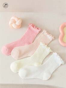 5 Pairs Spring/Summer Thin Ruffle Edge Striped Mesh Breathable Mid-Calf Socks, Suitable For 1-12 Years Old Students - Multicolor - View 3