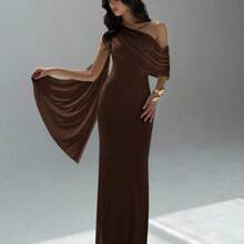 . .  Vestido asimétrico de hombro de unicolor elegante para mujer - Café integral - Ver 1