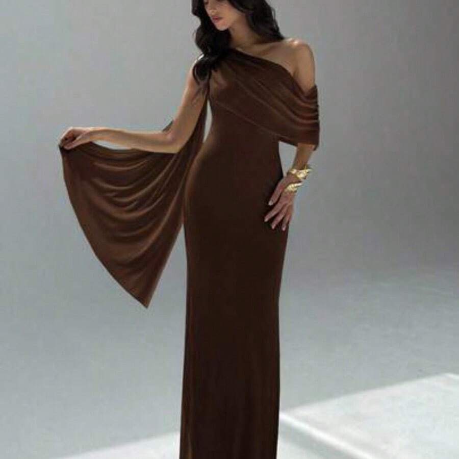 . . Vestido asimétrico de hombro de unicolor elegante para mujer - Café integral - Ver 1