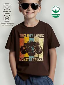 Boys' T-Shirt "This Boy Loves Monster Trucks" 100% Cotton, Soft And Comfortable For Everyday Wear, Suitable For Home, Outdoors And Sports Activities, Comfortable And Breathable - 酒紅色 - 查看 2