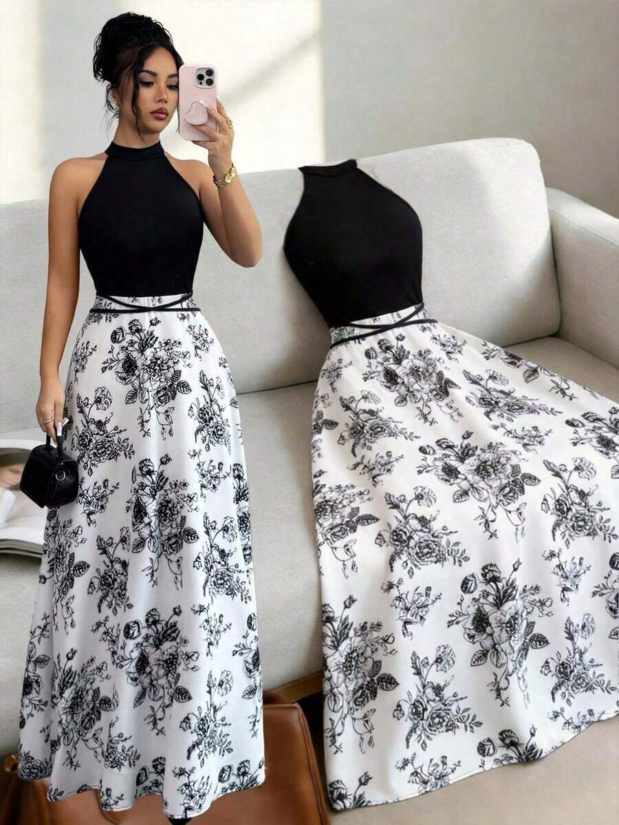 Vestido de verano de mujer de nueva llegada con diseño francés de patchwork sin mangas, vestido ajustado con cuello de halter estampado de diseño único y contraste de color con lazo en la cintura - Multicolor - Ver 1