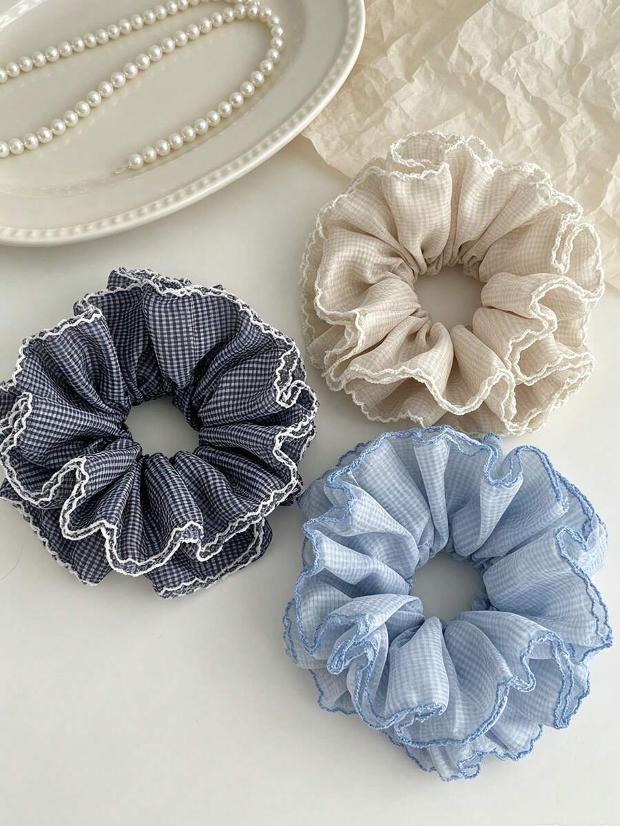 1pc Fresh Solid Color Plaid Chiffon 4-Layer Hair Scrunchie, Gentle & Fashionable Summer New Design For Women Ponytail Hair Ties Elastics Rubber Bands - Multicolor - View 1
