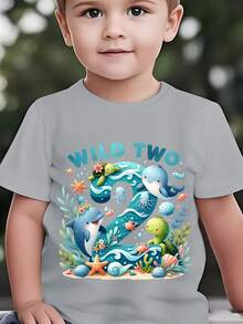 Fashionable 'Wild Two' Short-Sleeved T-Shirt For Children From The 'Birthday Series' Featuring Cartoon Prints Of Marine Animals Such As Dolphins, Turtles, Octopuses, Seahorses, Starfish And Shells, Suitable For Casual Outdoor Wear NY-DX9479 - 灰色 - 查看 6