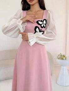 Vestido de mujer con parches tejidos, decoración de lazo y cintura ceñida - Rosa 2 - Ver 7
