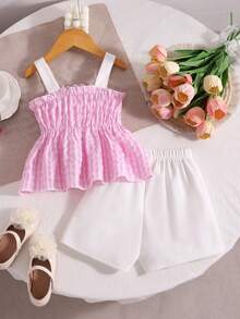 Ensemble camisole & short à carreaux rose & blanc pour filles, style doux & mignon, top à bretelles + short blanc à taille élastique, tenue décontractée 2 pièces pour bébé, port quotidien & vacances, été - Rose bonbon - Voir 2