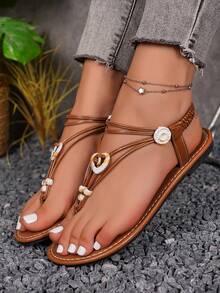 女款時尚夾腳涼鞋，夏季度假休閒羅馬夾腳涼鞋 - 棕色 - 查看 3