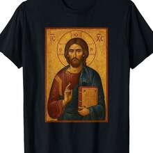 Camiseta con Icono Cristiano Ortodoxo para Hombre - Arte Tradicional de la Iglesia Ortodoxa con Texto Griego, Ropa Religiosa Azul y Dorada, Corte Holgado, Manga Corta, para Cristianos Ortodoxos Orientales, Ropa Casual y Servicios de Iglesia - Ropa que Expresa la Fe, Ropa Espiritual, Estilo Vintage, Tejido Duradero, Ropa Inspirada en la Fe, Comunidad de Fe, Cuello Redondo Clásico, Impresión de Alta Calidad, Moda Inspirada en la Fe, Camiseta Ortodoxa, Arte Cristiano, Impresión Premium. - Negro - Ver 1