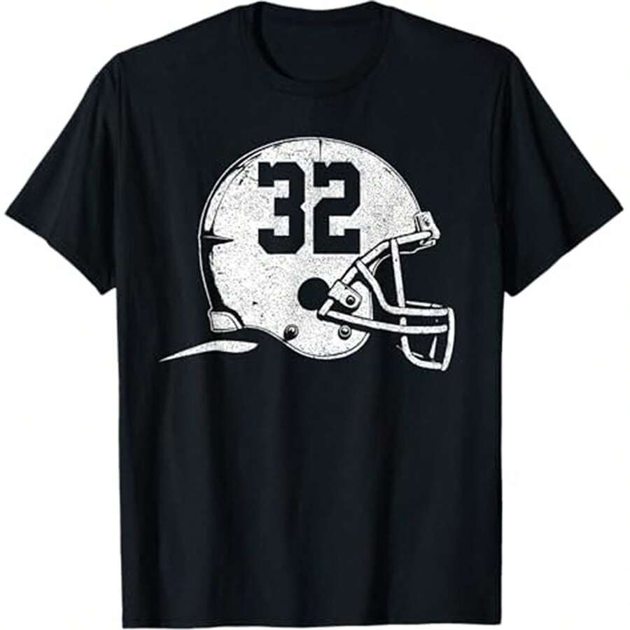 Number 32 Football Helmet Player Fun Number T-Shirt - Black - View 1