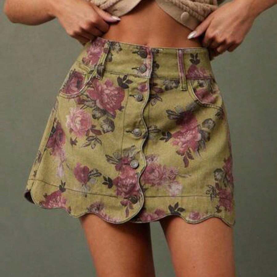 guangzhougaolangshangmao Falda vaquera mini de línea A con estampado de flores, de algodón 100%, con botones delanteros y cintura alta con escote ondulado. Casual, linda, para otoño, invierno, estilo bohemio, vestimenta occidental para mujer, atuendo para conciertos de música country - Multicolor - Ver 1