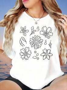 Women's Loose White Floral Print Summer T-Shirt, Casual Summer Top, Oversized Short Sleeve T-Shirt, Graphic Tee, Fashion Blouse, Women's T-Shirt, Party - 白色 - 查看 4
