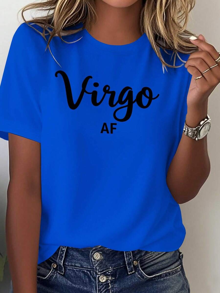 Women's Virgo Zodiac Pattern T-Shirt AF - Red Short Sleeve Crew Neck Top, 100% Comfortable And Casual, With White Cursive Lettering - Virgo Seasonal Garment And Astrology Casual Clothing - Modern Design With Text And Geometric Pattern - Machine Washable For All Seasons - Loose Fit For All Body Types - Personalized Virgo Themed T-Shirt, Virgo Women's T-Shirt. - 藍色 - 查看 1