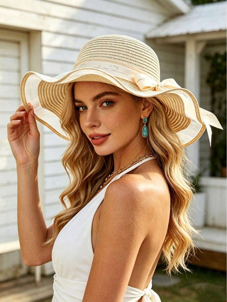1 pièce Chapeau de soleil pliable élégant pour femme - Kaki, avec décoration de ruban de maille vintage, protection UV, convient pour les vacances d'été, les jours fériés, les festivals - Multicolore - Voir 1