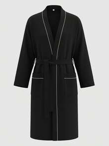 YUNTUO Men's Autumn/Winter Long Sleeve Robe, V-Neck Loose Retro Pattern, Versatile Loungewear For Home, Outdoor, And Commuting - Black - View 3