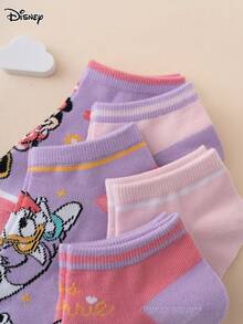 5 Pairs Disney Series Cute & Fun Cartoon Kids' Ankle Socks With Minnie, Daisy, Stripes, Letters, Stars & Floral Patterns - Multicolor - View 5