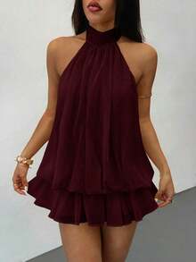 Elegant Sleeveless Mini Dress With Tie Collar In Pale Yellow, Suitable For Parties, Dates, Autumn/Winter And Spring/Summer - 棕色 - 查看 5