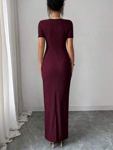 Vestido largo ajustado de manga corta con diseño de lazo en la cintura y cuello de corazón elegante y romántico en color albaricoque, para primavera/verano - Burdeos - Ver 2